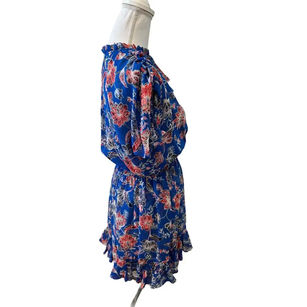 Misa LA Dominque Chiffon Smocked Tiered Mini Dress Blue Floral Print M